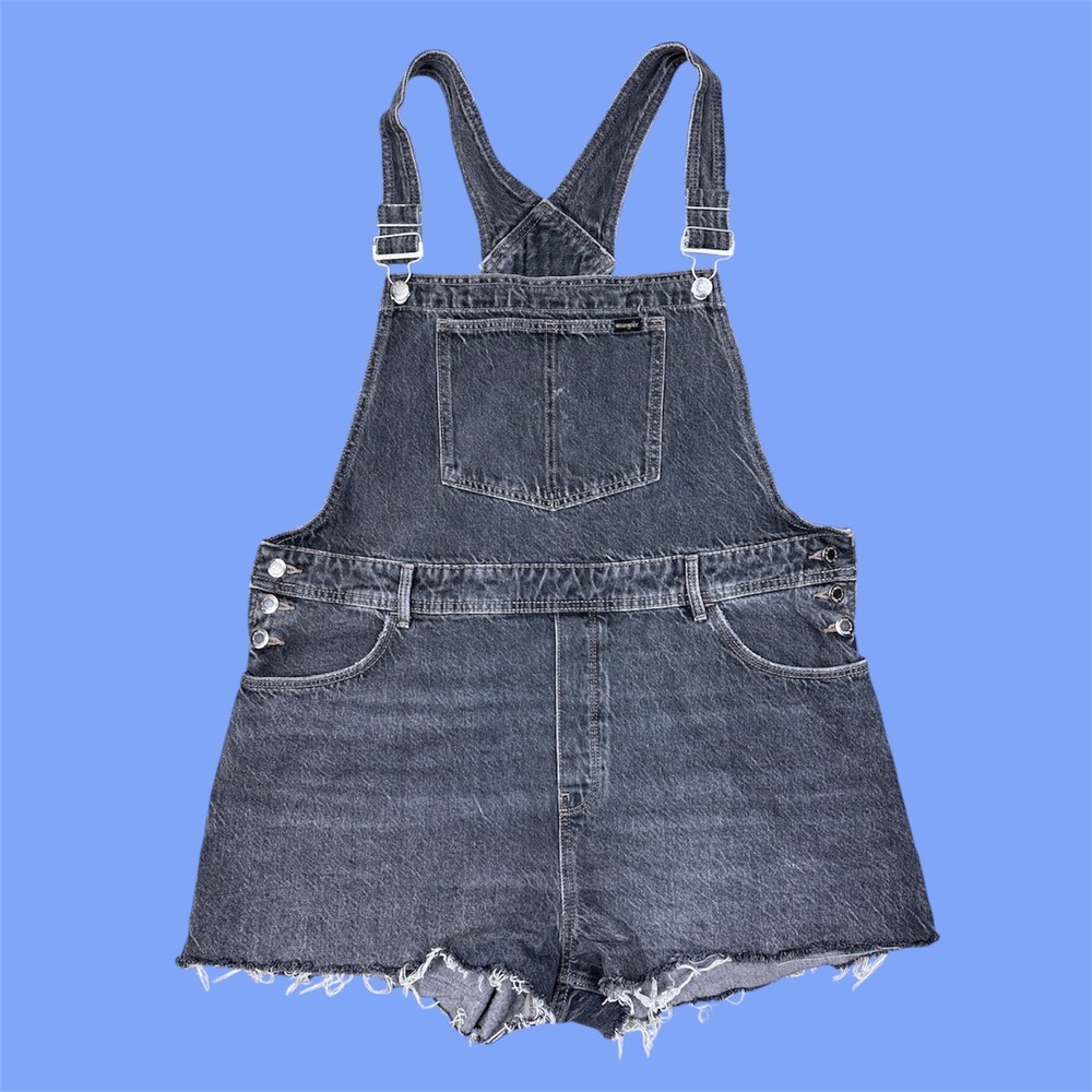 Wrangler Denim Jean Overalls Shorts Black Wash Distressed Raw Hem Womens XL